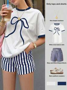 Conjunto de dos piezas de verano para mujer, shorts a rayas blancas y azules, camiseta holgada para mujer, conjunto básico talla grande vendido, con estampado de lazo - Multicolor 6 - Ver 6