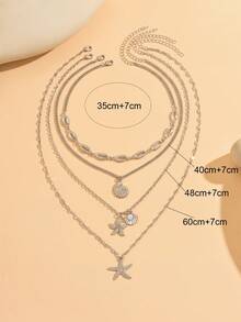 4pcs/Set Handmade Shell Necklace, Fashionable Multi-Layer Starfish & Shell Pendant Necklace Design, Suitable For Beach Vacation, Daily Wear And Party, Adjustable Chain Length - Multicolor - View 4