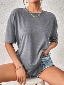 Camiseta de hombros caídos de color sólido - Gris - Ver 5