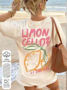 Camiseta holgada de mujer con estampado de limones "La Dolce Vita", 100% algodón, transpirable, cuello redondo, manga corta, estilo Y2K para playa, ideal para días de playa, vacaciones de verano, brunch, festivales de música y atuendos casuales de verano. - Albaricoque - Ver 7