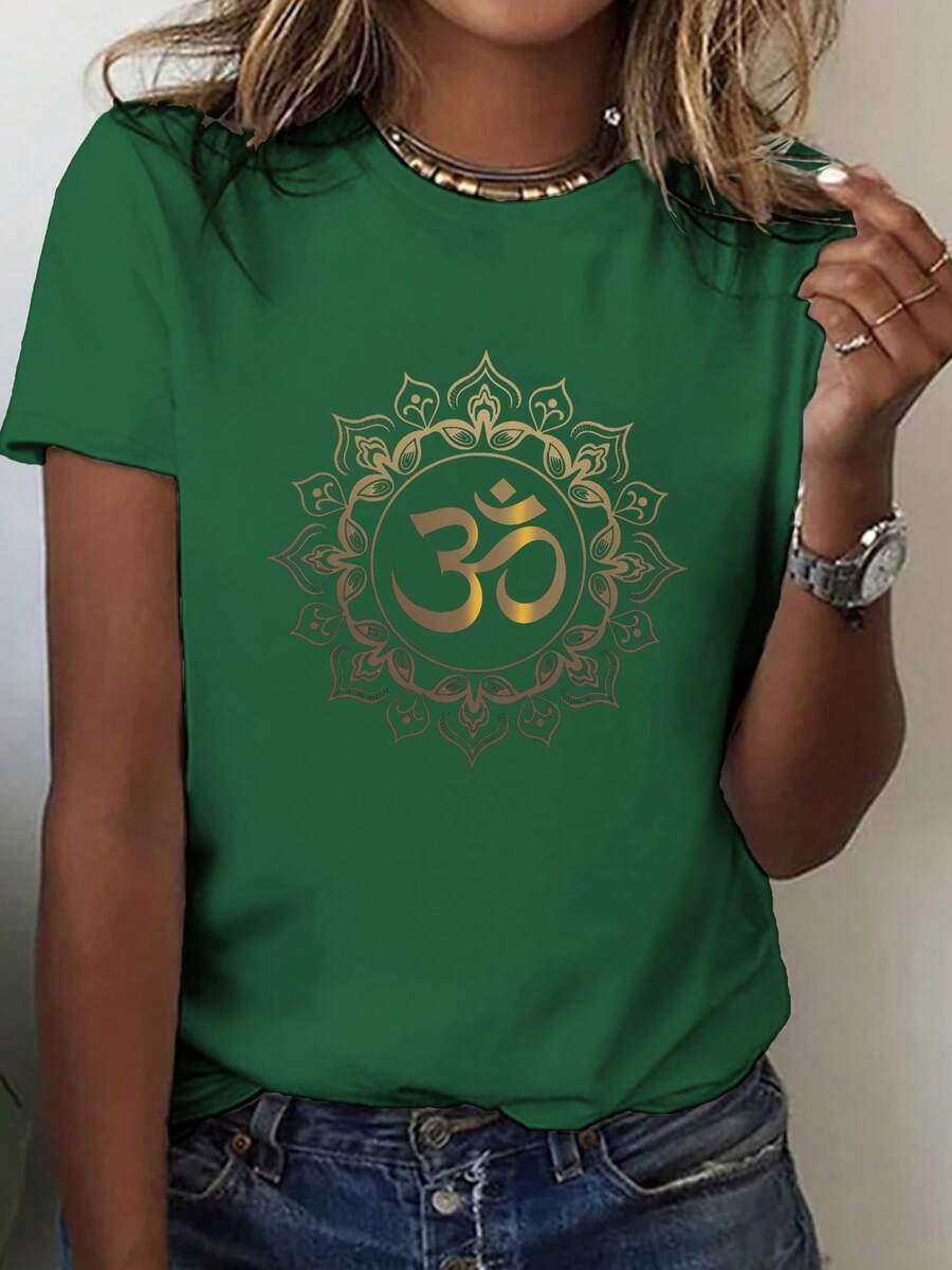 Premium Printed Short-Sleeved Round Neck T-Shirt, An Essential Casual Garment For Women In Summer And Spring. - Green - View 1