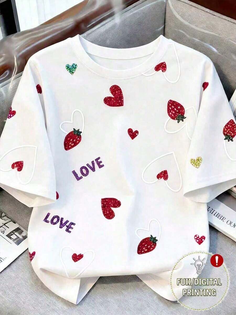 Camiseta estampada de mujer con cuello redondo y lazo con estampado de fresa - Blanco - Ver 1