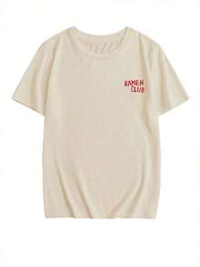 1pscCamiseta de manga corta de cuello redondo con estampado de ramen, de moda minimalista y versátil, adecuada para mujer, color blanco100% Cotton - Albaricoque - Ver 4