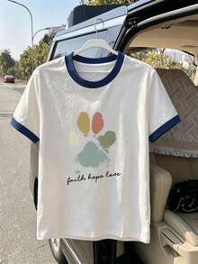 1 pieza009 [Nueva camiseta de manga corta con estampado de huella de perro, versátil, elegante, rejuvenecedora para mujer, verano] 180g 100% Algodón - Negro - Ver 9