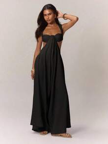 Mono de Pierna Ancha Extrema con Copas Drapeadas en el Frente, Laterales Recortados, Espalda Abierta, Estilo Boho Western para Vacaciones de Primavera Verano, Ropa de Playa Elegante, Ideal para Vacaciones en Ibiza, Invitada de Boda, Noche de Citas, Sexy, Bohemio, Verde, Primavera Verano, Fiesta de Boda, Casual - Azul - Ver 9