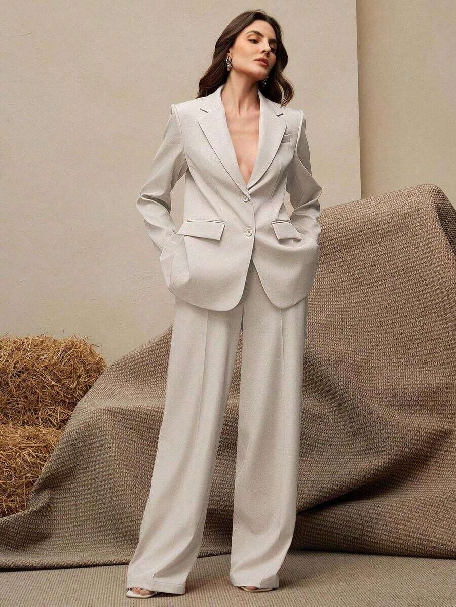 Conjunto de traje de mujer, blazer de unicolor estilo vintage + pantalones rectos, 2 piezas - Beis - Ver 1