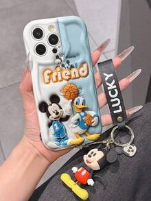 Disney Mickey Mouse Clubhouse Phone Case : 3D Fluffy Pattern Border Protector Phone Soft Phone Case With A Free Cute Mickey Bracelet Chain Lanyard, Mickey, Minnie, Goofy, Donald Duck, Daisy Duck, Pluto, For Apple 17 Promax 17 Pro 16 15 14 13 12 11 Pro Max XS Max X XR Soft Cover Summer Phone Case - White - View 5