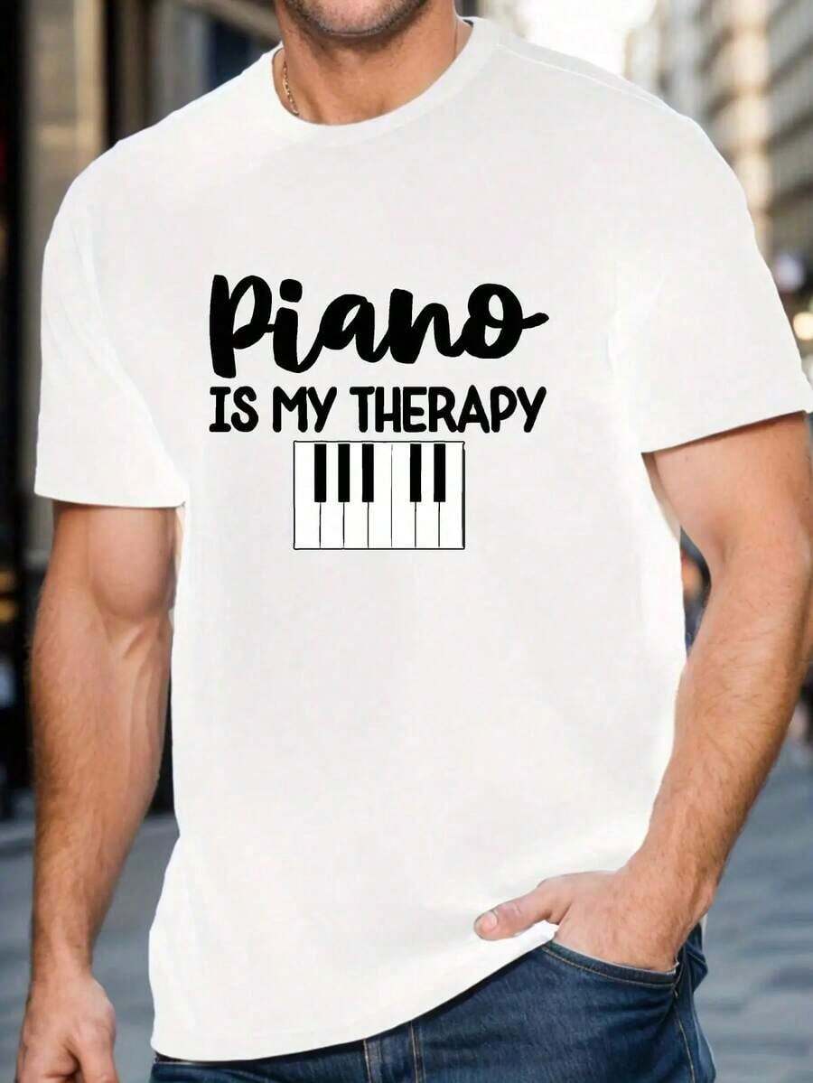 Men's Graphic T-Shirt Piano Is My - Soft And Breathable Music Lover's T-Shirt With Piano Key Design, Loose Fit, Short Sleeve, Crew Neck, Casual T-Shirt For Musicians And Piano Enthusiasts (Black/White Print) - 白色 - 查看 1