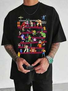 Camiseta gráfica retro arcade mix para hombre, estampado genial de personajes de videojuegos clásicos, cómoda camiseta de cuello redondo y manga corta en mezcla de algodón, estilo de moda de jugador único 136 de gran tamañosummer - Negro - Ver 8
