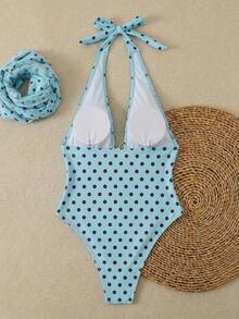 Traje de baño de dos piezas de mujer con lunares sexy, diseño retorcido y asimétrico con espalda descubierta de gasa, traje de baño de una pieza para vacaciones en la playa en verano - Azul cielo - Ver 3