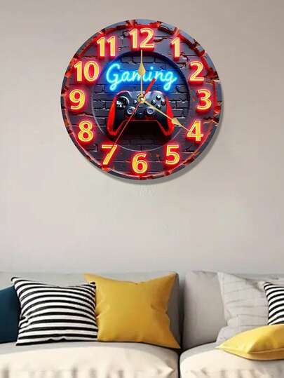 1pc Gamemad Neon Glow-In-The-Dark Gaming Clock With Video Game Controller Hands - Silent Quartz Movement, Large Easy-Read Face, Durable Wooden Construction For Game Room, Living Room, Bedroom - Ideal Birthday/Christmas Gift For Gamers