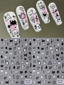 2 miếng nhãn dán móng tay 3D Kawaii mèo đen graffiti động vật hoạt hình dễ thương mèo thỏ gấu trúc chim cánh cụt decal dán móng thời trang Y2K động vật DIY làm móng tay phụ kiện - Đen và trắng - Xem 5