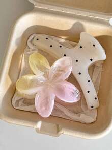 2pcs/Set White Polka Dot Hair Claw Clips And Pink-Yellow Tie Dye Daisy Flower Hair Clips, Fashion Versatile Elegant Minimalist Hair Accessories Suitable For Daily, Casual, Party, Beach, Vacation, Hairstyling, Washing Hair, Makeup, Outfit Accessories, Spring, Summer, Autumn, Winter - Multicolor - View 1