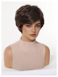 Short Bob Wig, Human Hair Blend, Brown Wig With Bangs, Pixie Cut Wig, Natural Looking Wig, Lightweight Wig, Glueless Short Wig, Mature Women Wig, Daily Use Wig, Bionic Scalp, Breathable Cap - Brown - View 4