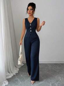 Elenzya Nuevo conjunto de traje formal de mujer a rayas azul marino y blanco, diseño de cintura ceñida y línea A, elegante chaleco sin mangas a rayas para el viaje diario, estilo callejero francés vintage para negocios. Adecuado para verano, Día de la Independencia, graduación y temporada de vuelta al colegio. El atuendo de otoño para mujer presenta decoración de botones metálicos, sofisticado y elegante, adecuado para la oficina, el viaje, el estilo callejero, lo francés romántico, lo casual, lo vintage de Oriente Medio, el té de la tarde, las fiestas, Acción de Gracias y la primavera/verano. - Azul - Ver 4