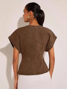 Denim Blusa de mezclilla de manga de murciélago con un solo botón de moda para mujer, de verano - Marrón - Ver 2