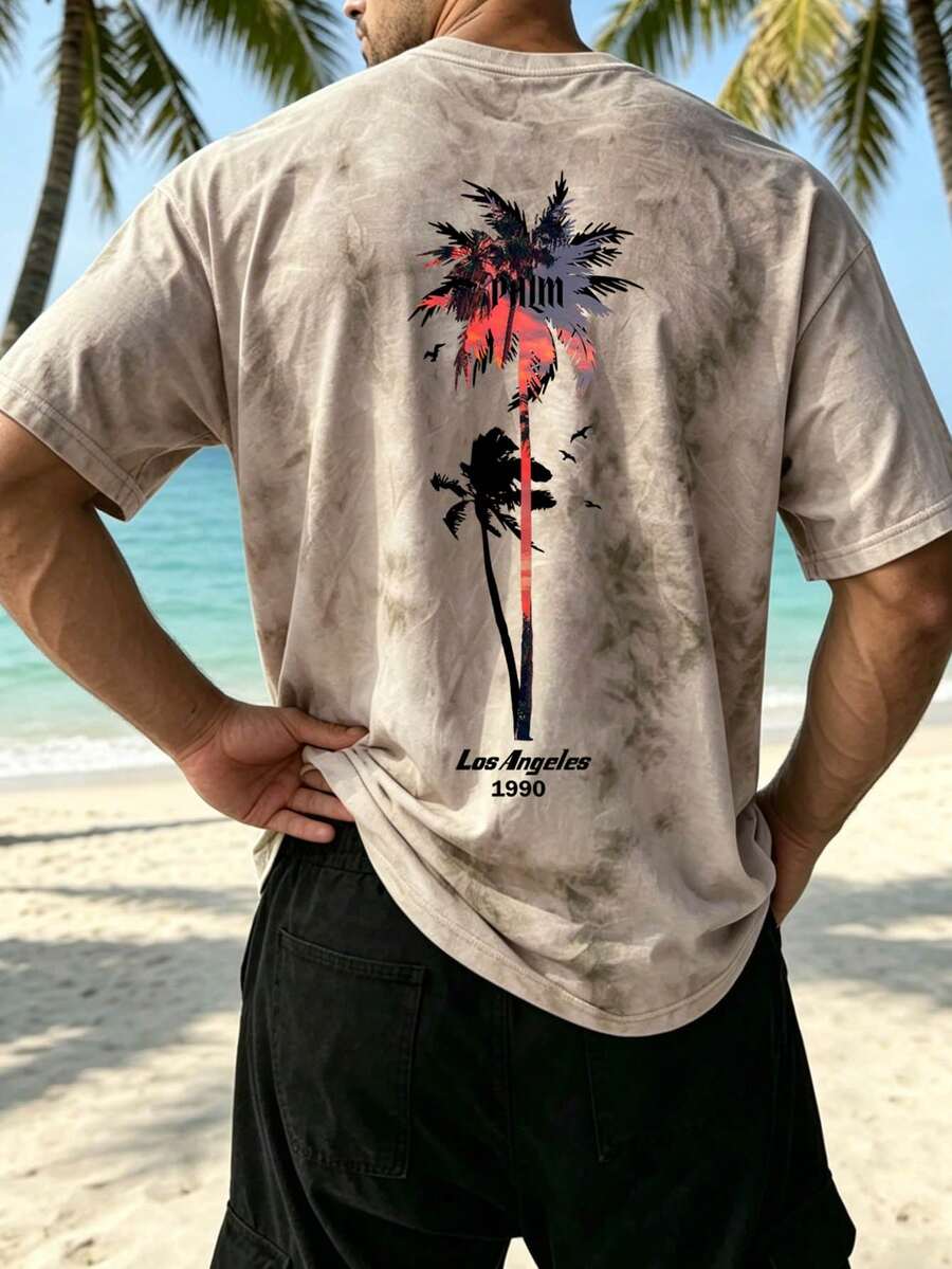男士夏季新款时尚天然染色印花T恤,扎染工艺,椰子树图案,精致设计,夏季必备,易于搭配,展现您的风格 - 彩色 - 查看 1