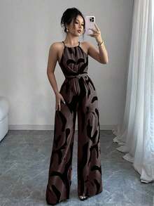 Women's Printed Jumpsuit With A Fitted Waist, Elegant For Holidays And Everyday Wear With A Halter Neck - 巧克力棕 - 查看 6