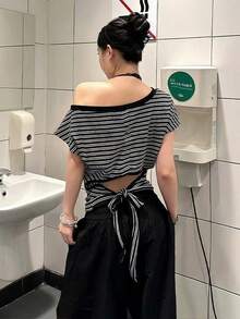 复古美式宽松黑白条纹露肩短袖T恤，露背性感百搭夏季女式上衣 - 黑色 - 查看 1