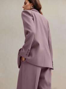 Conjunto de traje de mujer, blazer de unicolor estilo vintage + pantalones rectos, 2 piezas - Púrpura polvoriento - Ver 8