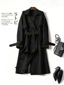 Abrigo de mujer versátil y elegante para otoño/invierno, abrigo largo de trench casual y de moda para ir al trabajo, abrigo midi de estilo británico para primavera - Negro - Ver 4