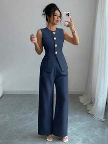 Traje casual/de trabajo elegante de mujer con decoración de botones florales - Azul - Ver 4