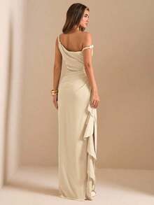 de dama de honor de otoño/invierno, vestido largo elegante con pliegues, abertura alta, volantes y hombros oblicuos con nudo retorcido y sin tirantes, sexy para fiestas - Albaricoque - Ver 2