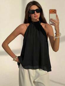 Camiseta sin mangas de gasa con cuello halter, fruncida y con línea A, de estilo bohemio minimalista y sexy en color púrpura ciruela, para primavera/verano - Negro - Ver 3