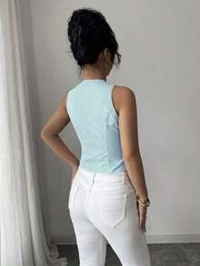 Chaleco casual de mujer de rayas minimalista de una sola hilera, adecuado para ir al trabajo y citas - Azul - Ver 2