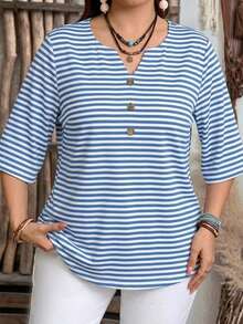 Blusa de estilo minimalista casual con mangas cortas y patrón de rayas marrones, adecuada para primavera/verano - Multicolor - Ver 3