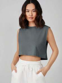 Top corto sin mangas casual para mujer, unicolor simple, adecuado para el uso diario en verano - Gris Oscuro - Ver 1