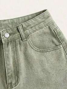 Pantalones cortos vaqueros de cintura alta enrollados para el verano - Verde militar - Ver 5