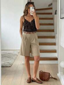 Camiseta de verano para mujer con estampado de leopardo marrón, de estilo minimalista, retro y elegante, versátil para uso diario o vacaciones.Camiseta de mujer con escote en V y encaje de contraste a la moda - Multicolor 6 - Ver 4
