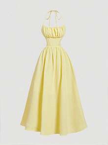 Vestido de verano con estampado floral elegante y lazo en la cintura para mujer - Amarillo - Ver 3