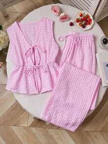 Sweetro Set de 2 piezas: Pantalones rectos con cordones y rayas, estilo callejero para mujer, verano - Rosa 2 - Ver 8