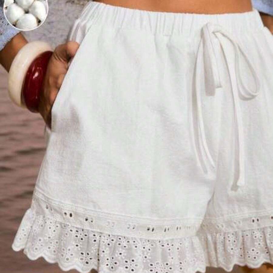 Women's Cotton Casual Hollow Out Embroidery Ruffle Hem Shorts,Suitable For Daily Wear,Vacation ,Beach Shorts, Vacation Outfits Women ,Beach Outfits For Women,Spring/Summer - Blanco - Ver 1