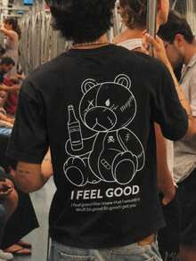 Fractyr 男款雙面印花寬鬆版型T恤，「I Feel Good」破碎泰迪熊圖案印花上衣，工業風卡通休閒上衣，柔軟短袖圓領襯衫，適合街頭穿搭與夜生活 - 黑色 - 查看 5
