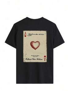 1 pieza de camiseta de verano para mujer, holgada, de cuello redondo y manga corta, con estampado en inglés de "Spade A Playing Card" y corazón, valiente, intrépida, adecuada para vacaciones, oficina, salidas, uso diario, citas, fiestas, reuniones, ropa de calle. - Negro - Ver 4