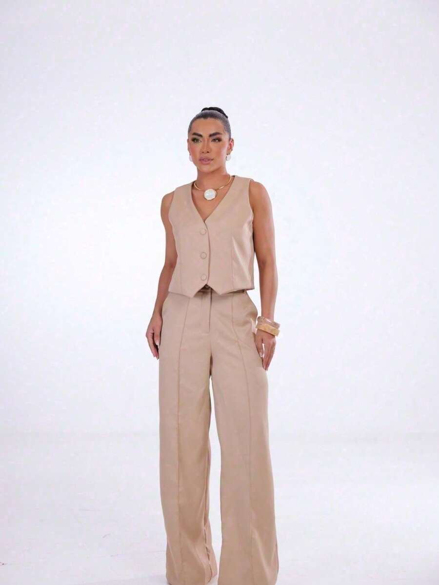 Wide-Leg Pants By Alntaria Risco Calca111114 - Beige - View 1
