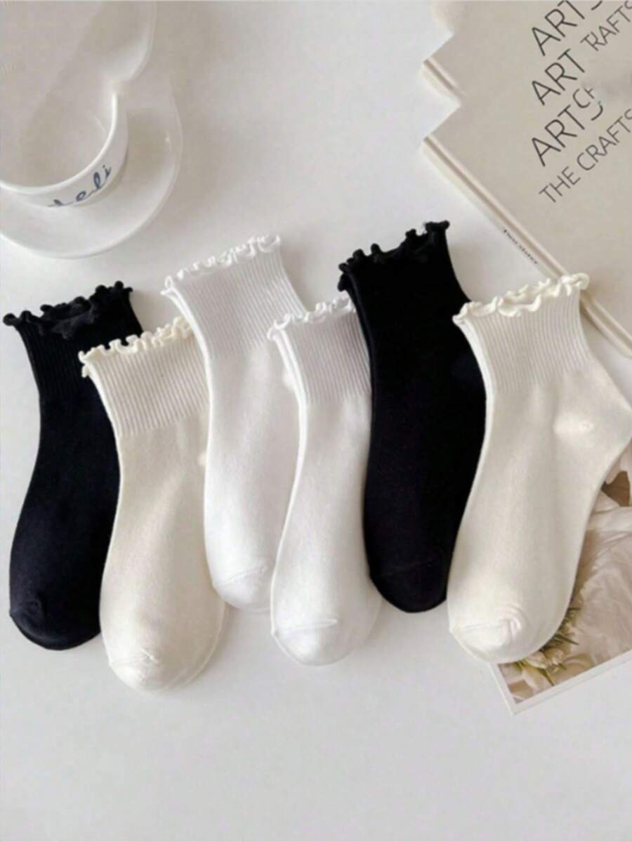 6 Pairs Japanese Style Frill Trim Short Socks, Cute Fresh Wood Frill Trim Women's Socks - Multicolor - View 1