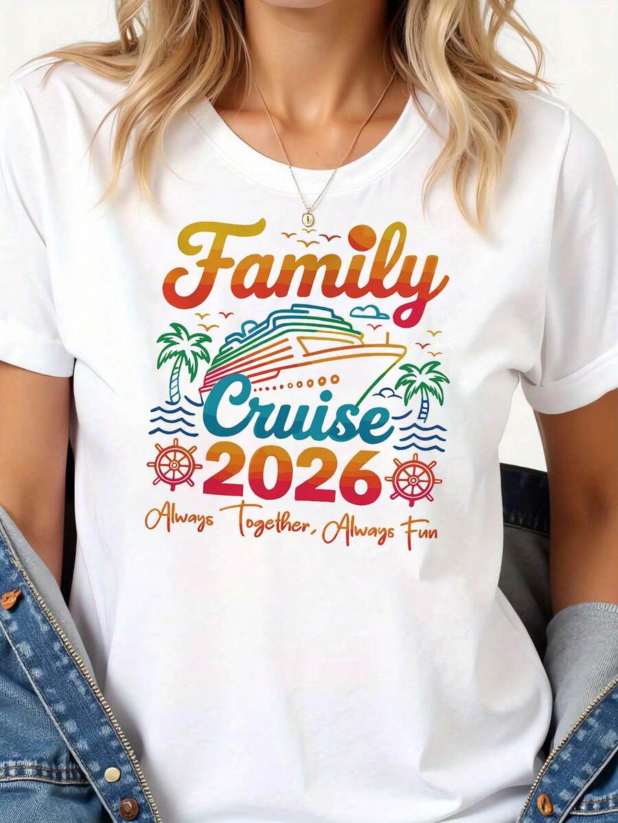 Camiseta de mujer de algodón puro con estampado, estilo vacacional, con la frase "Always Together Always Fun Family Cruise 2026", cuello redondo, top de primavera/verano, manga corta. - Blanco - Ver 1