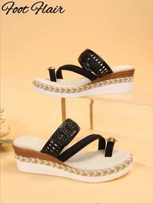 Foot Flair Plus Size Women's Woven Adjustable Closed Toe Rope Sole Sandals, Beach Vacation Style, Spring/Summer Fashion Versatile Comfortable Wedge Thick Sole Sandals - Black - View 6
