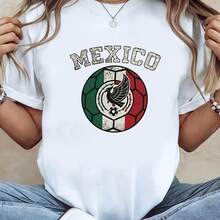 Camiseta de mujer, para fanáticos del equipo de México, con estampado vintage de fútbol mexicano y la palabra MÉXICO, blanca, de manga corta y cuello redondo - Lavable a máquina, estilo casual, ajuste cómodo, diseño moderno, versátil para uso diario, tela suave, estilo a la moda. - Blanco - Ver 7