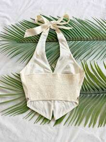 Top corto para mujer estilo bohemio sin mangas con diseño de espalda de tirantes, cuello halter con diseño anudado y bordados florales, adecuado para festivales de música - Marrón - Ver 2