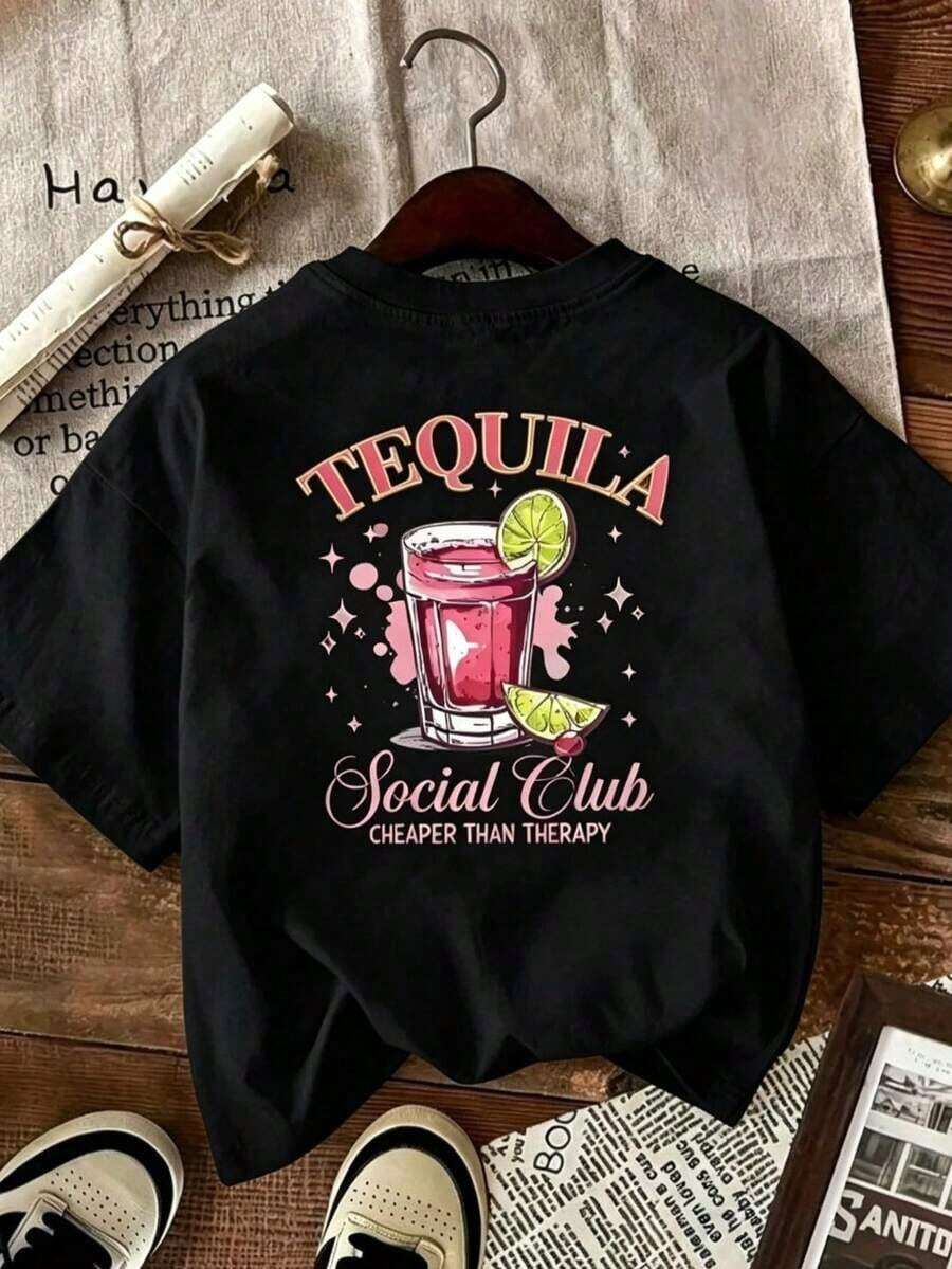 Women's Short-Sleeve Cotton T-Shirt, 1 Pc. Women's Tequila Graphic T-Shirt, Pink And Green Drinks Print, Stretchy Poly 180g, Round Neck, 100% Cotton, Soft Fabric, Short Sleeves - 黑色 - 查看 1
