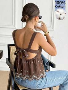 Camiseta de tirantes de mujer de 100% algodón con nuevo estampado floral marrón - Marrón - Ver 1