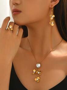 1 Set Luxury Stainless Steel Floral & Faux Pearl Necklace, Earrings, Ring Jewelry Set, Suitable For Women's Banquet, Wedding, Anniversary Wear - Gold - View 1