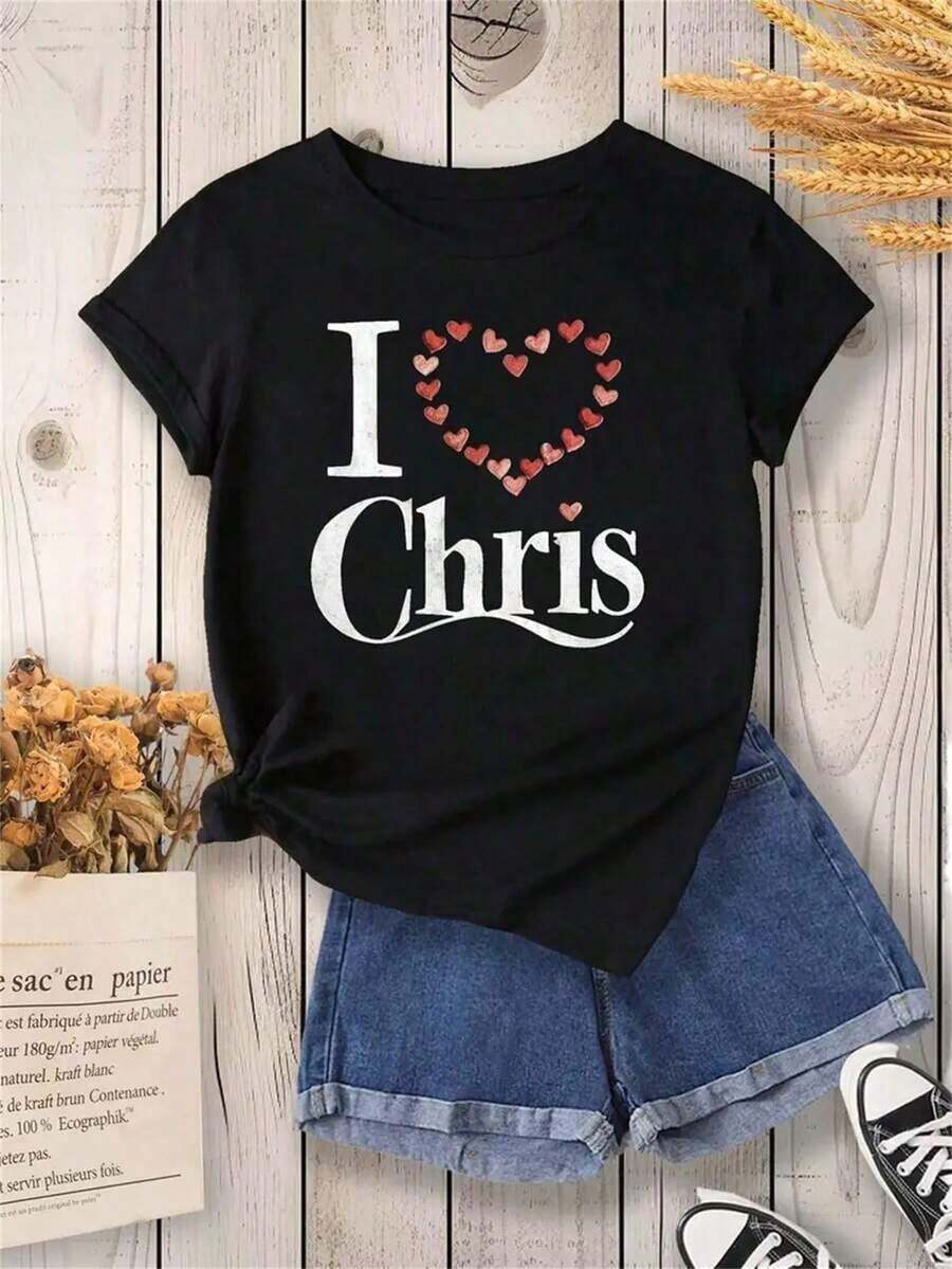 1 Unit Women's Short Sleeve T-Shirt Compatible For Chris - Cute Chris Lettering Print, Casual Comfortable Breathable Top, Birthday Gift, Casual Wear & Chris Fan Clothing Sets (Machine Washable) - Vintage Street Style Unisex Loose Cotton Short Sleeve Crew Neck T-Shirt 100% Pure Cotton - 黑色 - 查看 1