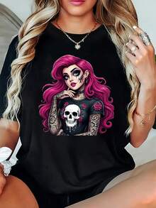 Camiseta de Talla Grande para Mujer, Estilo Gótico Punk con Diseño de Tatuaje - Cuello Redondo y Manga Corta, Blusa Casual de Talla Grande para Primavera, Verano y Otoño - Negro - Ver 6