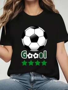 Camiseta casual de cuello redondo estampada de talla grande para mujer, camiseta de manga corta con estampado de fútbol para mujer - Atuendo para fanáticas del fútbol, top deportivo casual adecuado para entrenamientos de fútbol, partidos y uso diario, top de manga corta estampado de talla grande para mujer adecuado para el Día de la Madre, uso diario y entusiastas del fútbol. - Negro - Ver 2